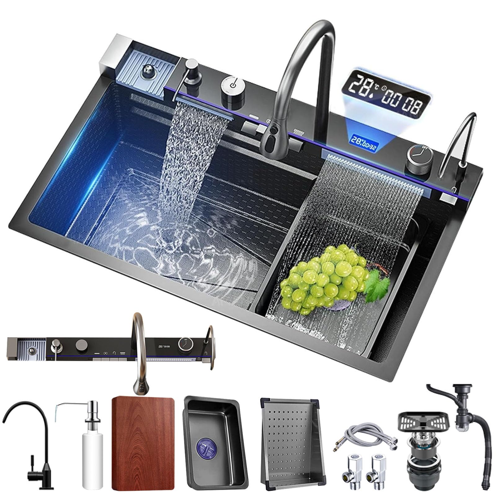 Kitchen Sink with Integrated Pull-Out Faucet 304 Stainless Steel Waterfall Kitchen Sink with Multiple Accessories