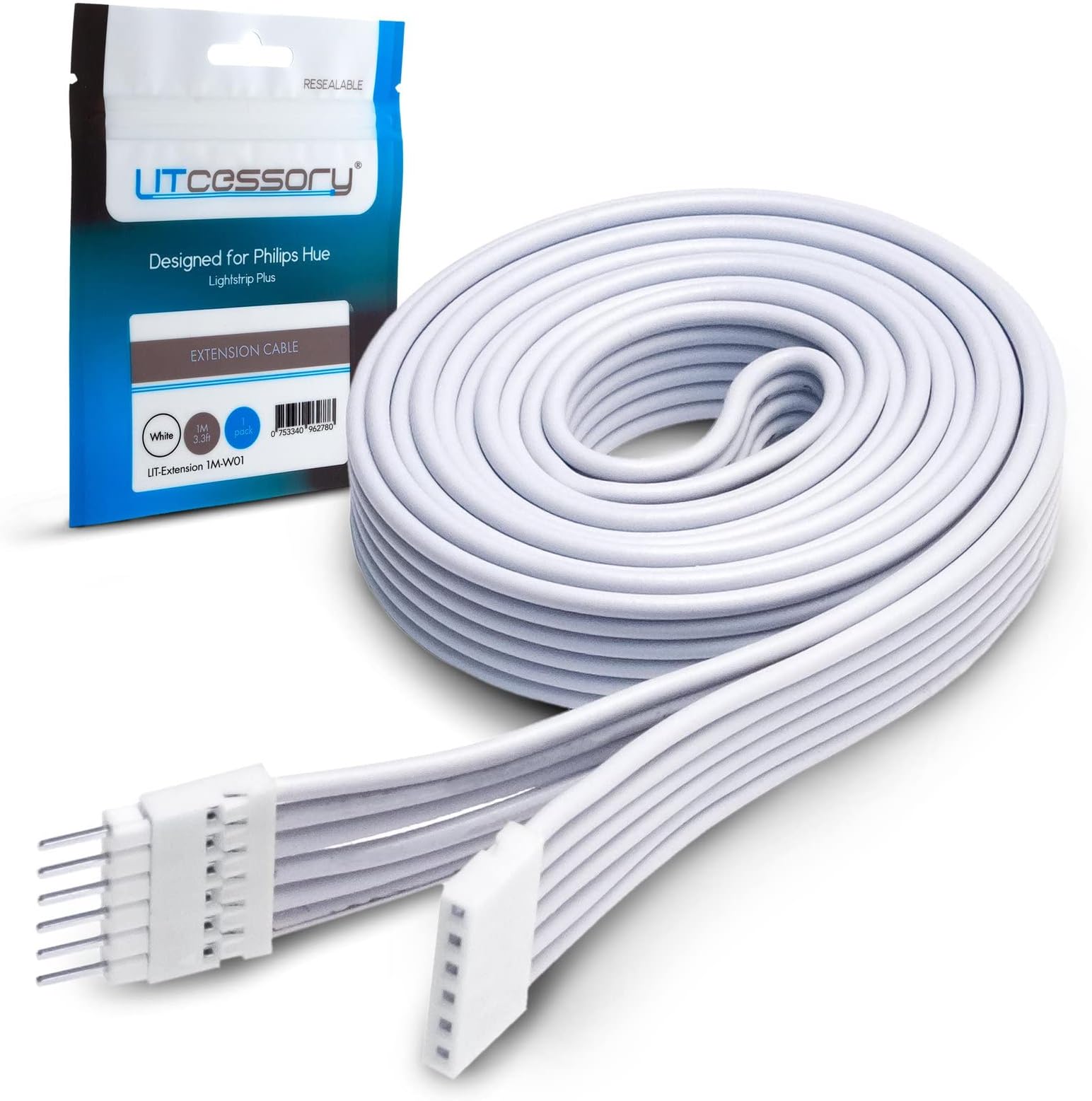 Litcessory Extension Cable for Philips Hue Lightstrip Plus (1m, 1 Pack, White - STANDARD 6-PIN V3)