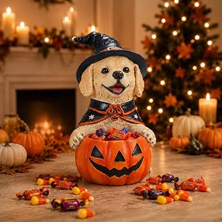 Halloween Golden Retriever Candy Bowl, Pumpkin Candy Holder | Trick or Treat Container,Resin Witch Hat Puppy Statue Decor,Halloween Party Centerpiece, Cute Dog Lover Gift
