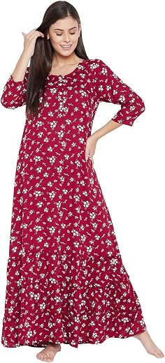 Clovia Women's Cotton Florals Long Nightdress - Maroon