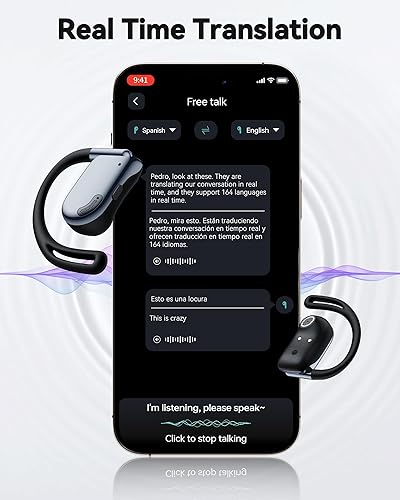 Miniatura 4 de Auriculares de traducción en tiempo real 164 idiomas con traductor AI auriculares 90H Playtime Bluetooth Traducción Auriculares con pantalla LED