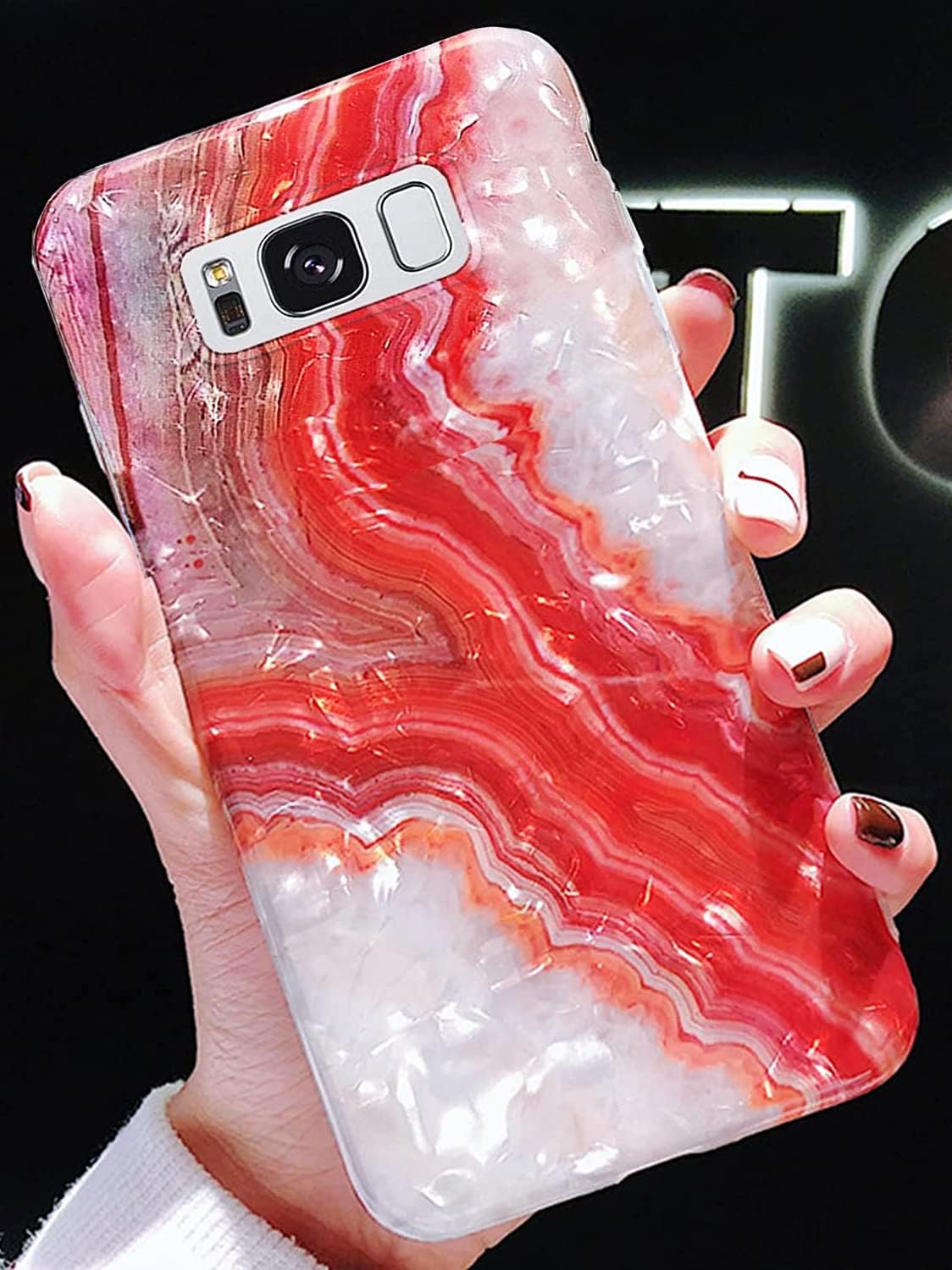 J.west Galaxy S8 Plus Case 6.2-inch, Luxury Sparkle Translucent Pearl Shell Pattern Shiny Agate Slice Graphic Marble Design Soft Silicone Cover for Women Girls Slim TPU Protective Phone Case (Red)