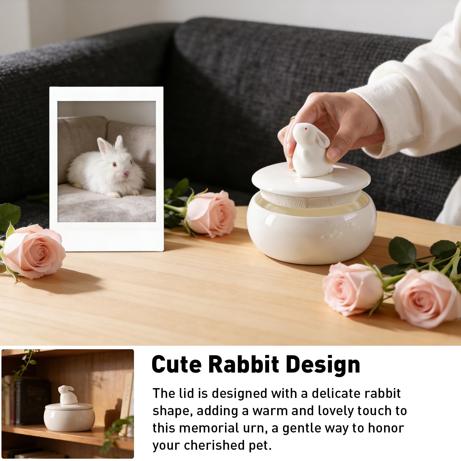 Urna de cremación para mascotas de 300 ml, diseño de conejo vertical en la tapa, impermeable y duradero, soporte para cenizas conmemorativas para animales pequeños, recuerdo de mascotas para