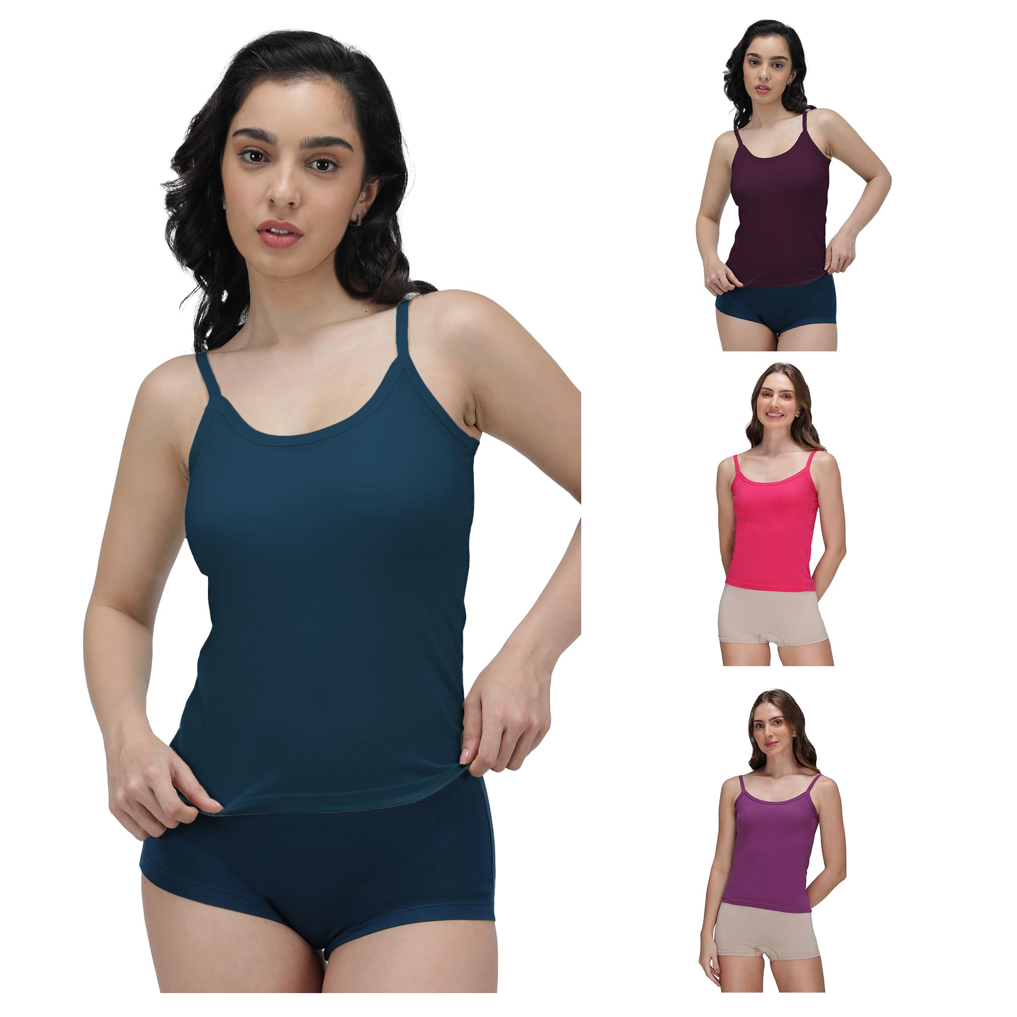 Pack of 4 Dark Assorted Sleeveless Solid Cotton Short Slips Camisole for Women | Colour May Vary | Assorted Colours-image-8