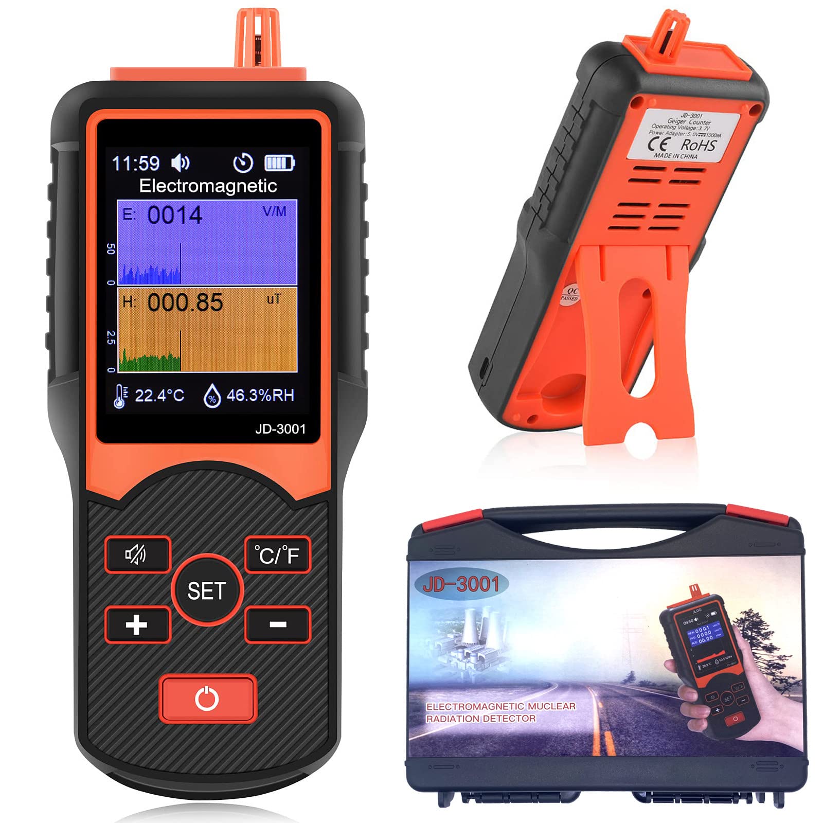 Detector de radiación, medidor de campo electromagnético portátil, contador digital Geiger con pantalla LCD retroiluminada para medición nuclear y radiactiva