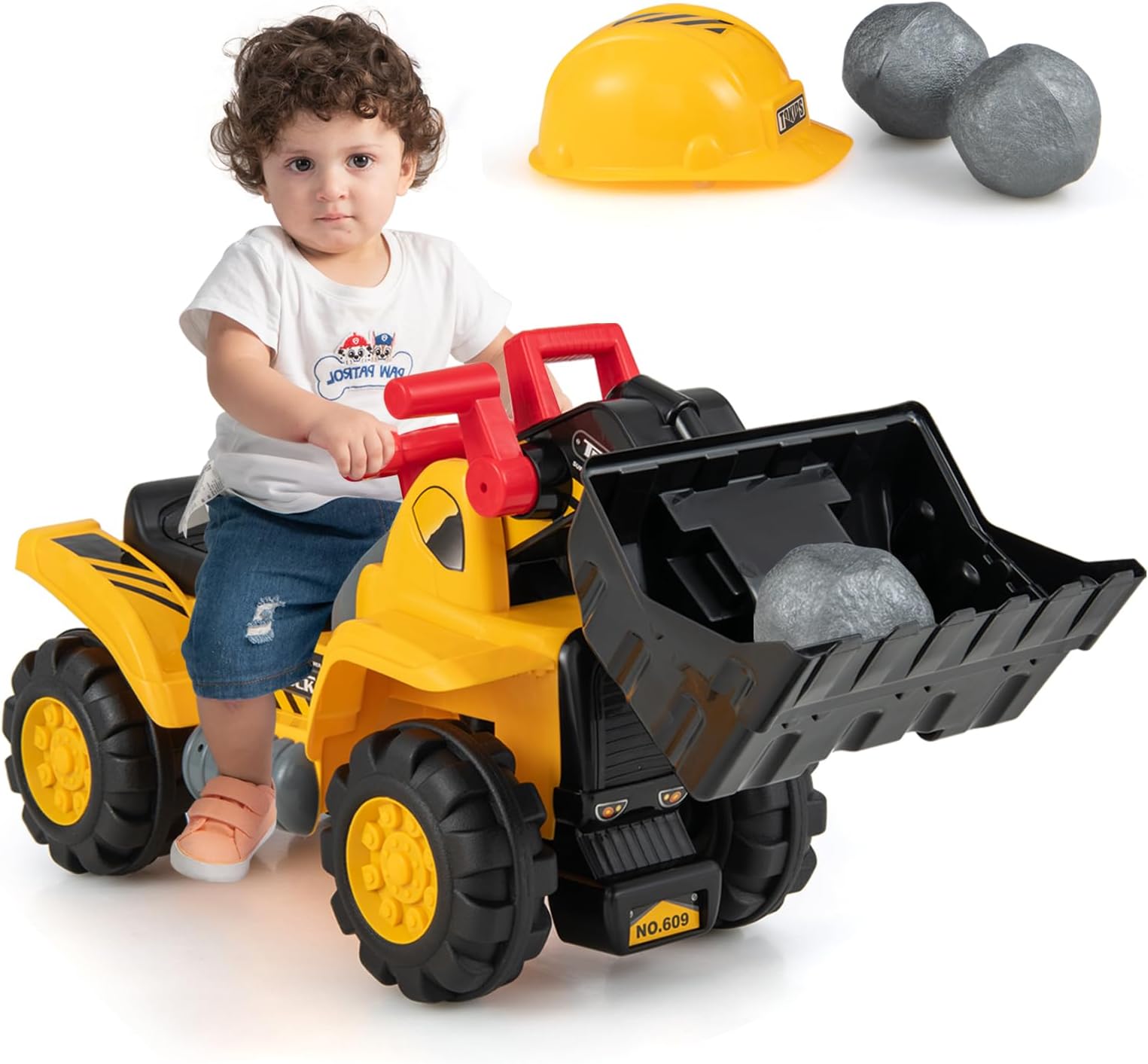Ride on Excavator, Ride on Construction Vehicles w/Helmet, 3 Toy Stones, Realistic Sound, Adjustable Bucket & Under Seat Storage, Bulldozer Ride on Toy Gift for Kids Boys & Girls
