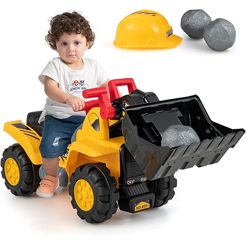 Costzon Ride on Excavator, Ride on Construction Vehicles w/Helmet, 3 Toy Stones, Realistic Sound, Adjustable Bucket & Under Seat Storage, Bulldozer Ride on Toy Gift for Kids Boys & Girls