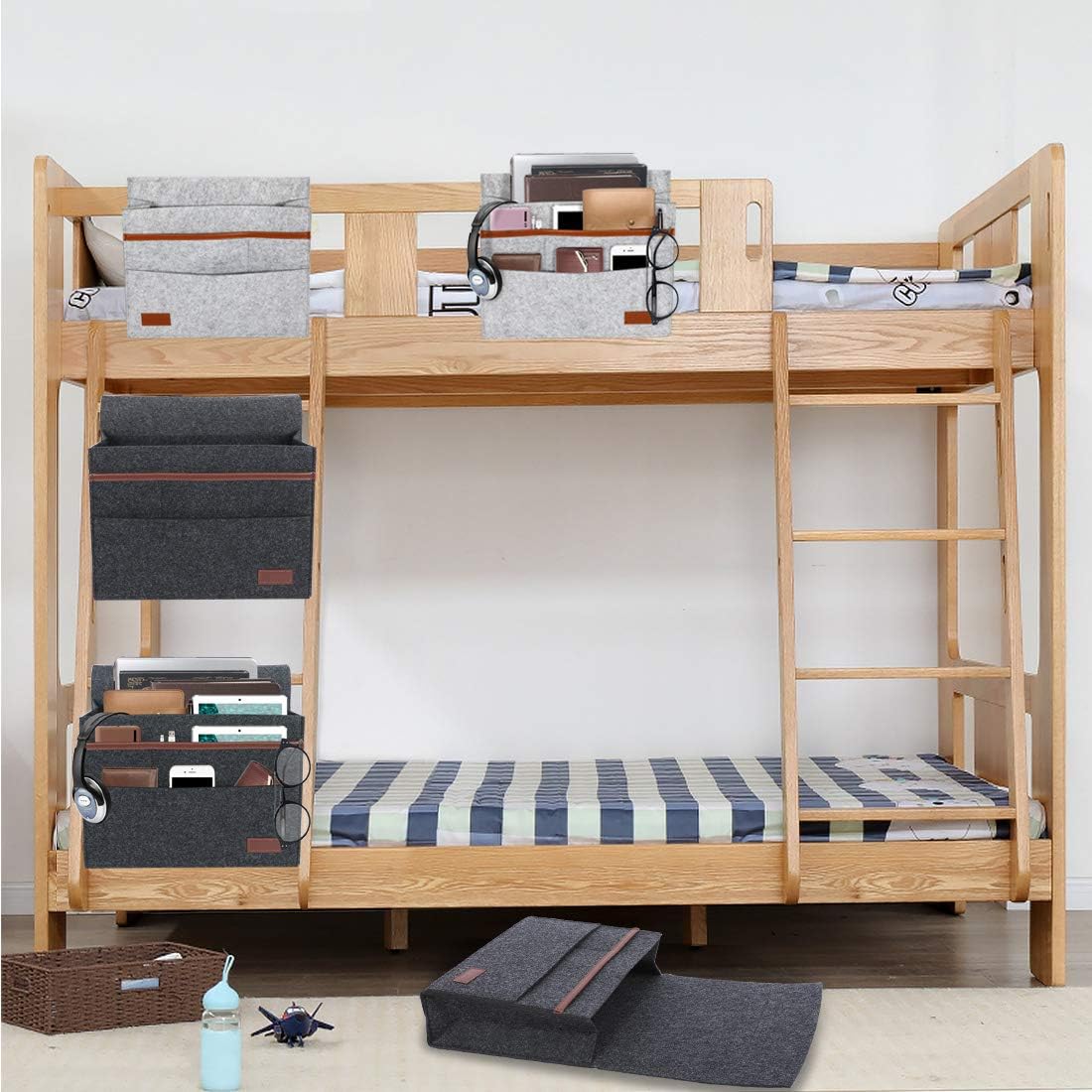 Kernorv Bedside Caddy, Felt Bedside Storage Organizer Home Mattress Sofa Table Cabinet Bed Caddy Storage Organizer with Pockets for Tablet Pad Phone TV Remotes Magazine Books Phone Chargers(Dark Grey)