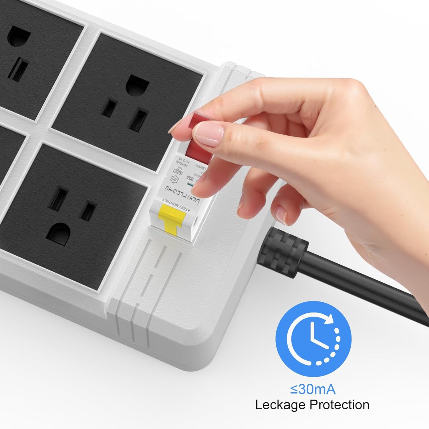 GFCI Power Strips with 9.84 FT Heavy Duty Extension Cord, 4 Gang Sockets 15A Fused SAFEMORE Power Strip 1875J with 30mA RCBO Leakage Protection, for Workshop Garage RV Indoor (White)