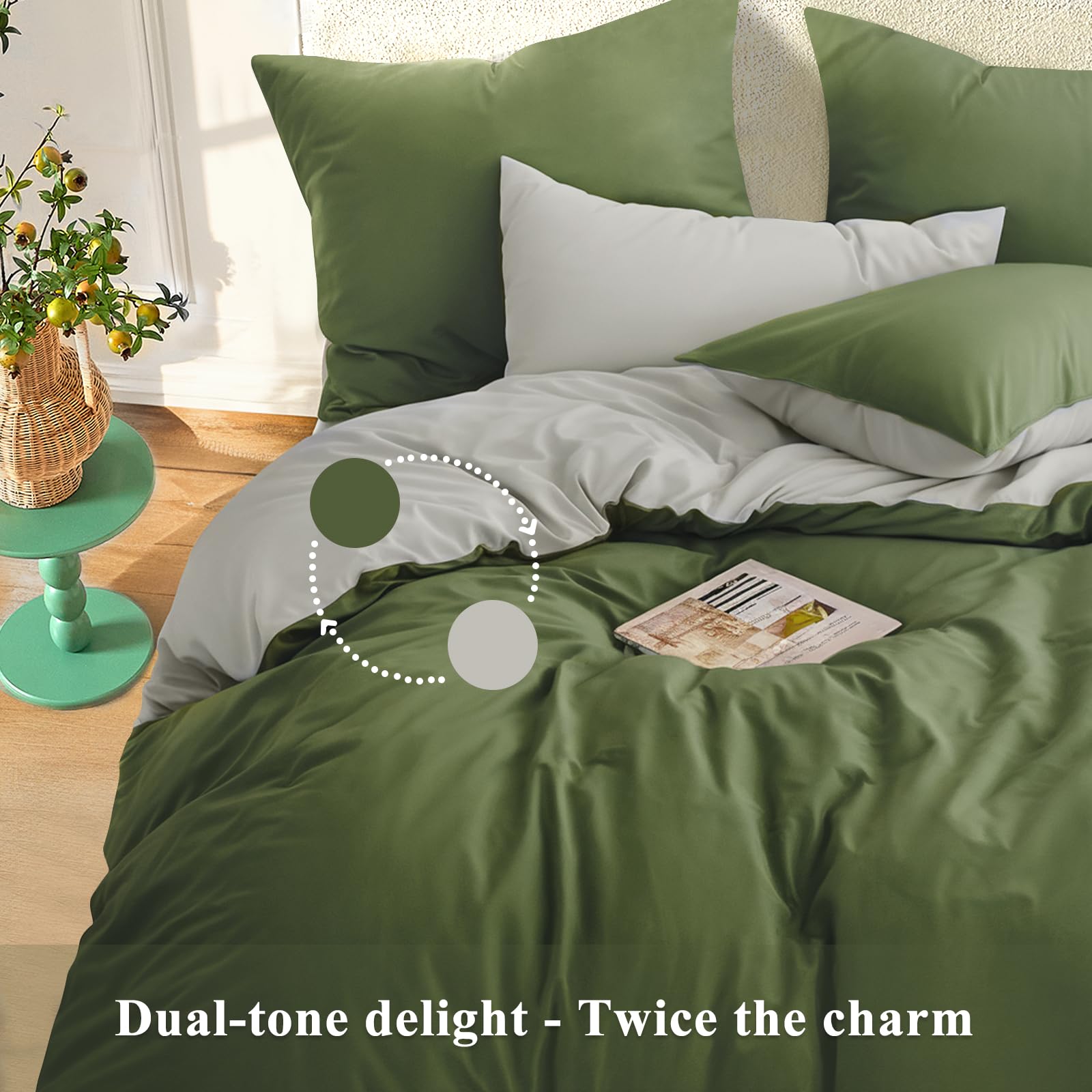 RUIKASI Olive King Size Duvet Cover Sets Beige, Reversible Green Duvet Cover Kingsize Bedding Set including Zip - Image 4