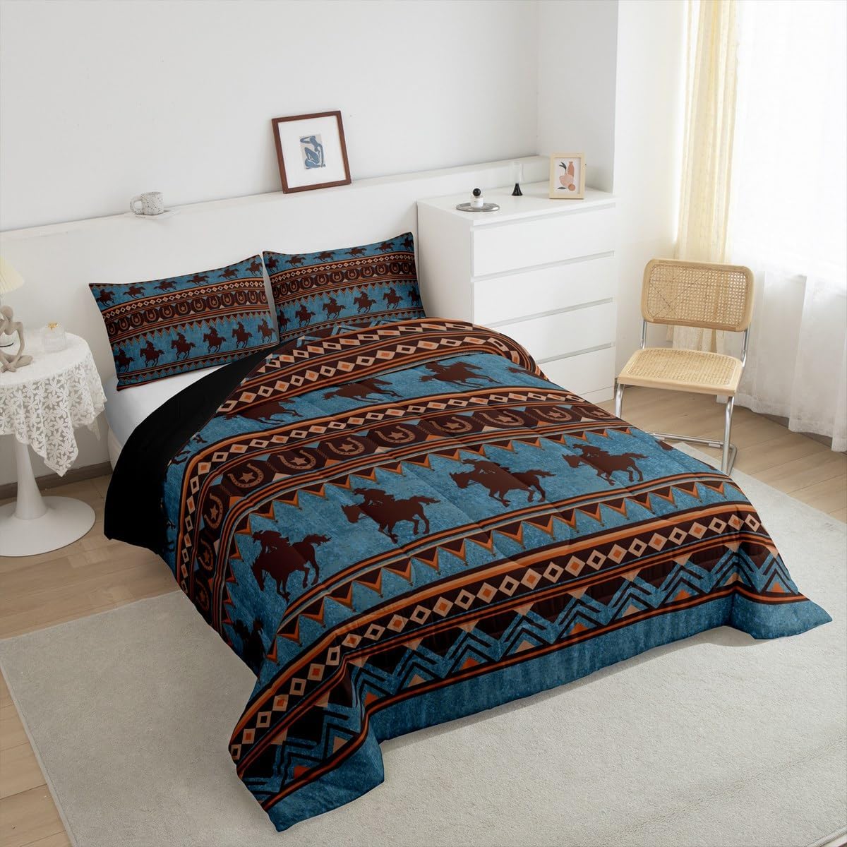 Feelyou Western Decor Comforter Set Queen Size Southwestern Native Aztec Comforter Horse Bedding Set Retro Exotic Boho Duvet Set Room Decor Dark Blue Quilt Set
