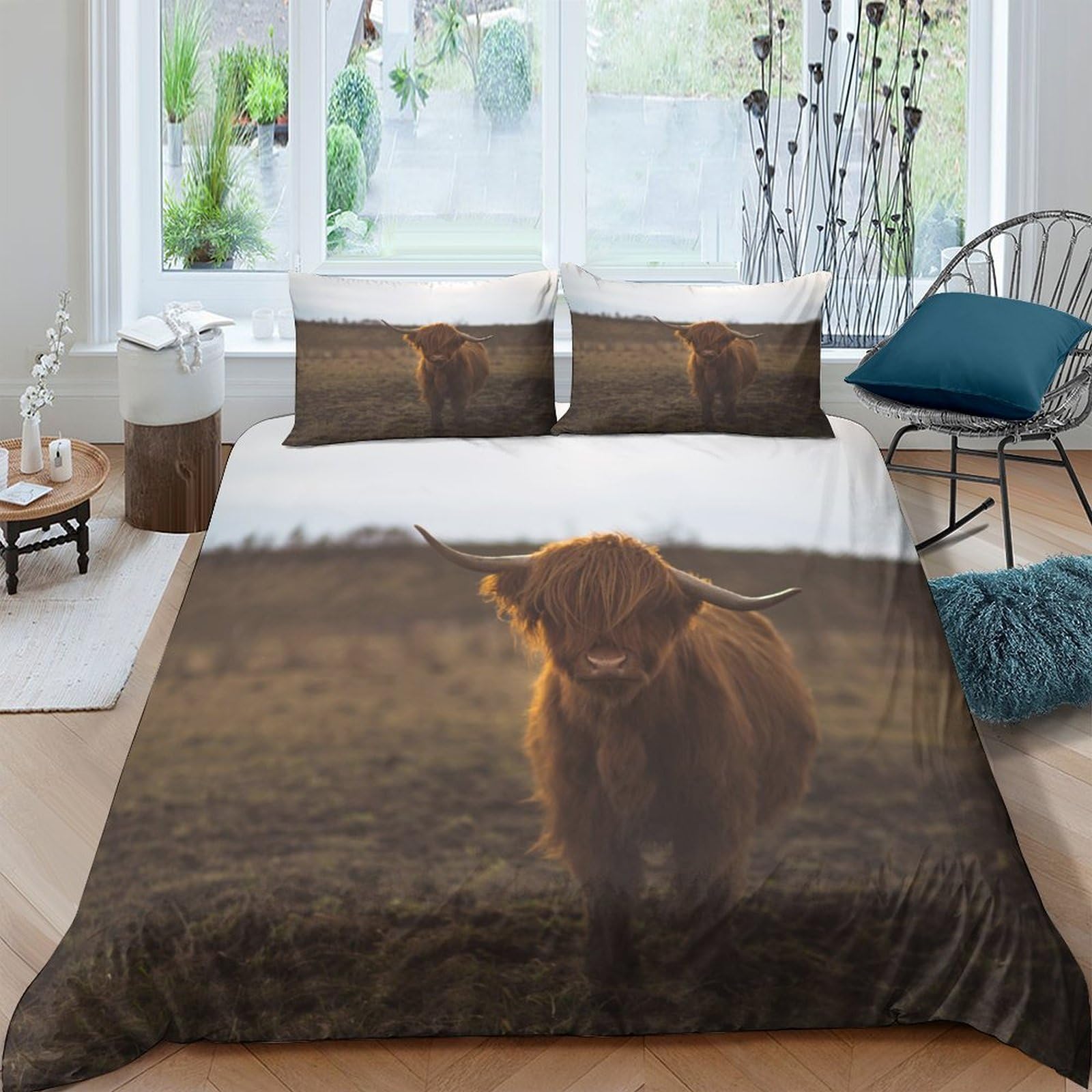 Ctjqhvkz Style-2 3D Printed Highland Cow Fitted Sheet Microfiber Brown Animal Farm Mattress Cover Bedroom Decor Machine Washable Single（135X200cm）