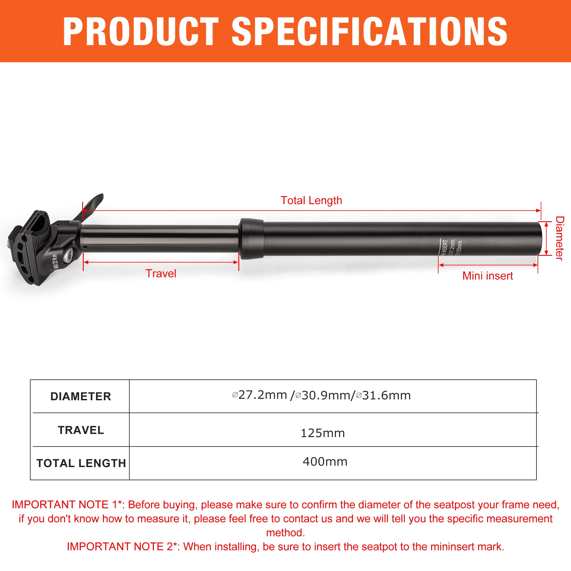 Dropper Post 27,2/30,4/30,9/31,6 mm x 445 mm Länge, 125 mm, leichte Sattelstütze aus Aluminiumlegierung, für Mountainbike, Rennrad, BMX, E-Bike