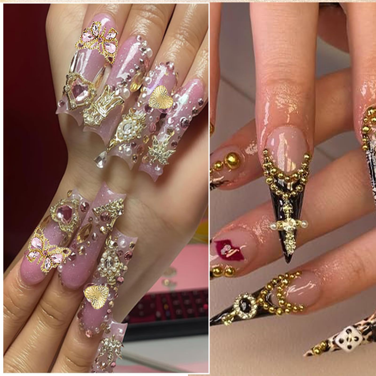 Goldene Nail Art Strassstein, różowa dekoracja do paznokci z wisiorkiem, 4 pudełka z kamieniami do paznokci, koraliki do paznokci 3D, motyle, wiśnie, wisiorki do paznokci