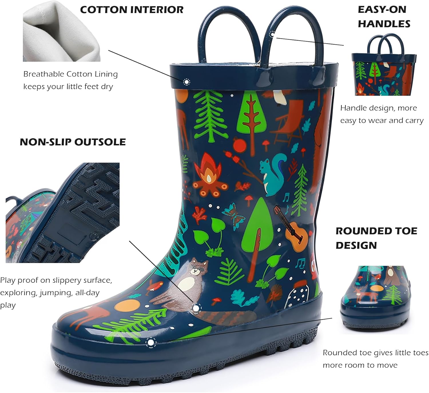 WTW Toddler and Kids Rain Boots with Easy-On Handles, Unisex-Child Waterproof Rubber Rain Boots in Fun Patterns for Girls and Boys (Toddler/Little Kid/Big Kid)