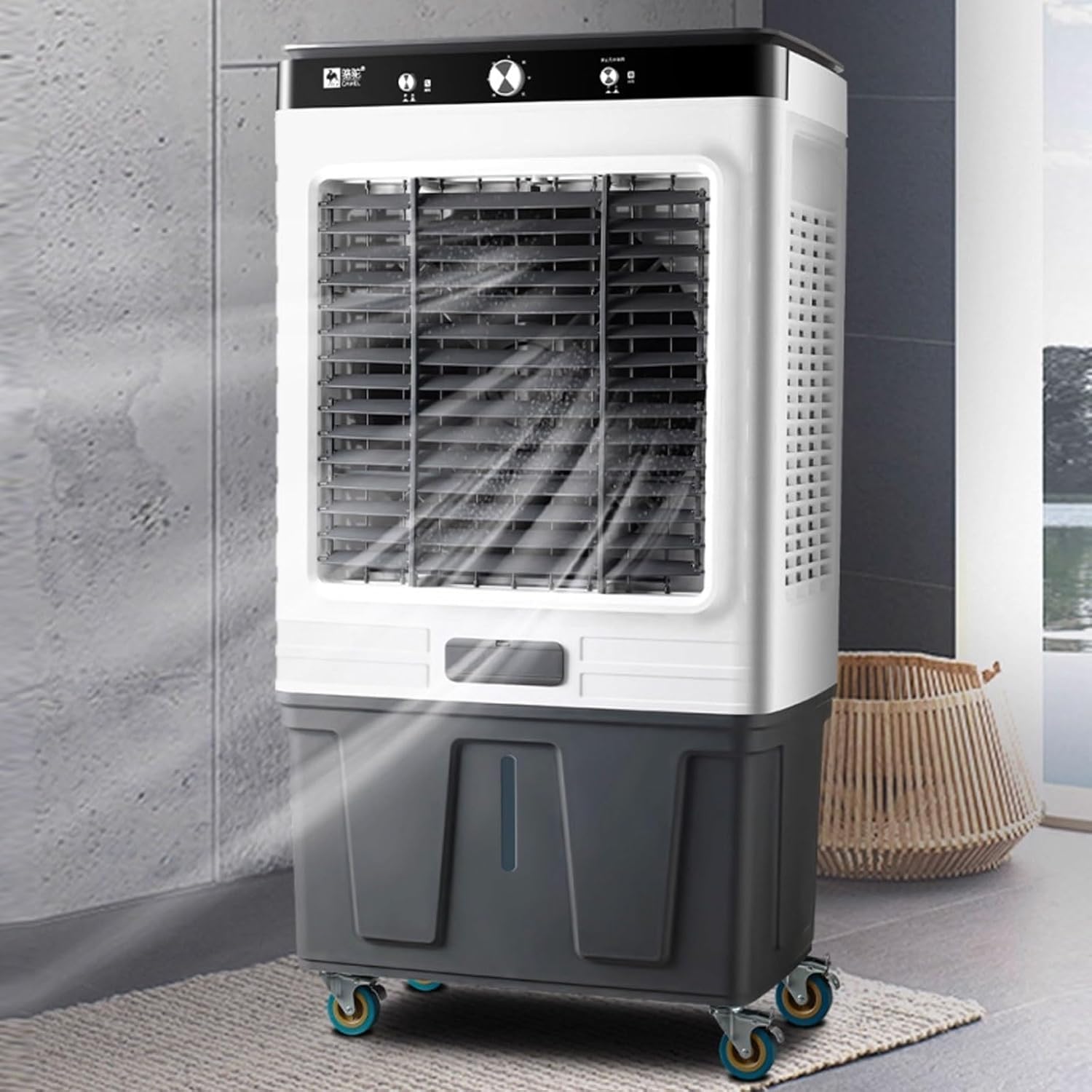 Evaporative Air Cooler 220v Swamp Cooler 3 Speeds with 4 Ice Packs and Universal Wheels Cooling Fan for Yard Garage Patio Use 35L/100L Visual Water Tank(46 * 35 * 102cm)
