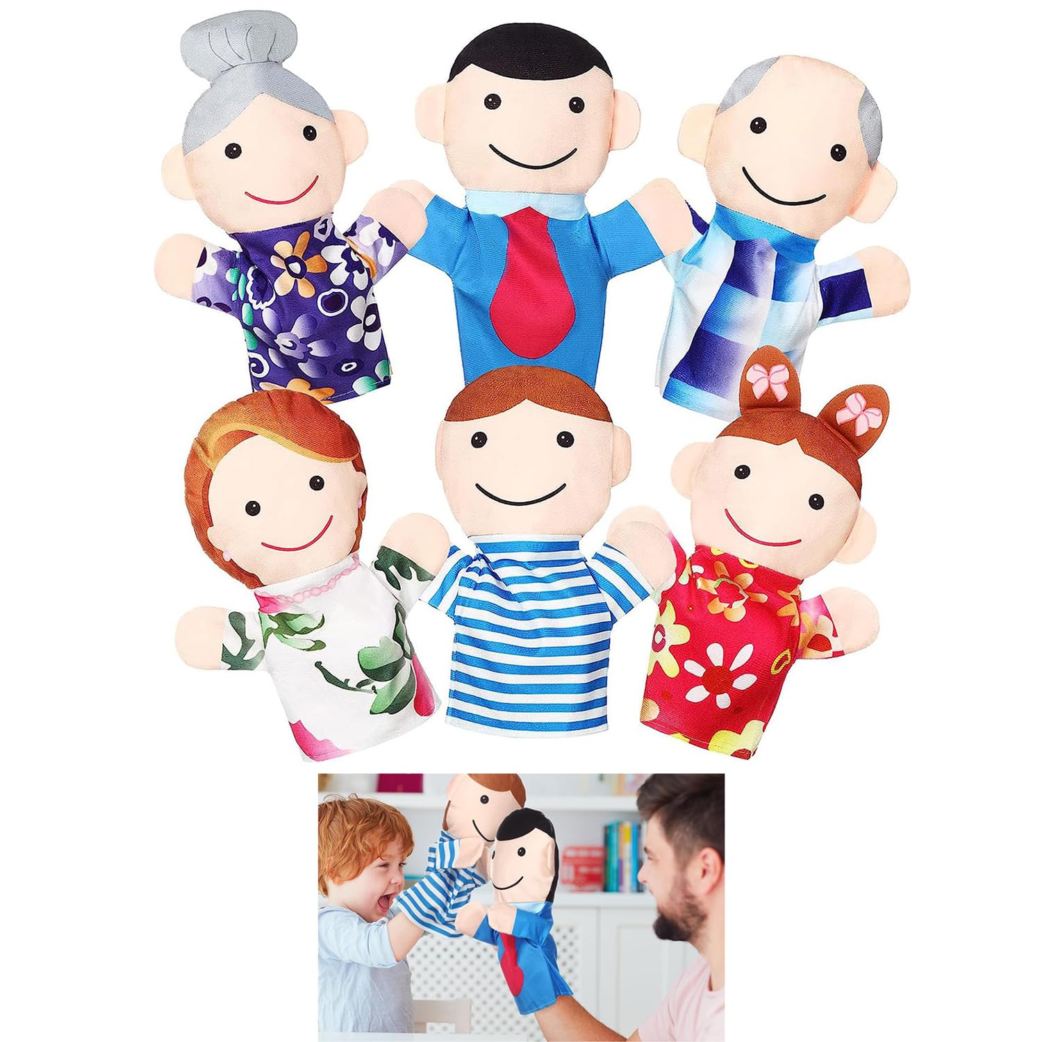 Xspring Hand Puppet Plush Toys, 6 Pcs Family Style Hand Puppets, Soft Plush Puppets, Family Members Hand Puppets Cute Toys, Role Play Toy Puppets for Teachers Parents Shows Story Time