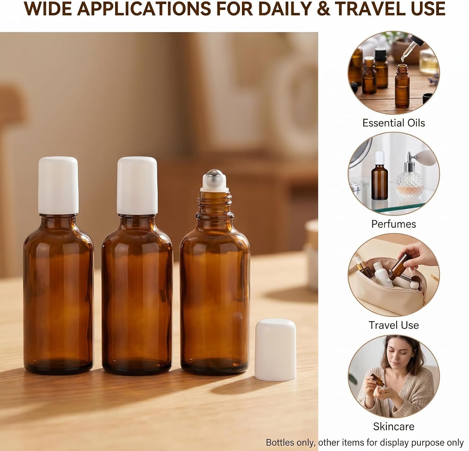3PCS 15ml 0.5oz Amber Glass Roller Bottles for Essential Oil, Refillable Roll On Containers with Stainless Steel Roller Balls, Travel Size Perfume Roller Bottles, DIY Aromatherapy Lip Gloss