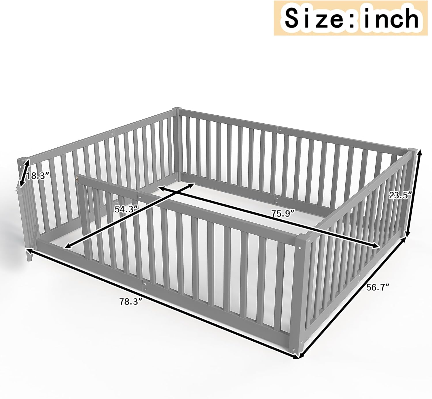 Bellemave Full Floor Bed with Door and High Guardrail, Full Size Montessori Floor Bed with Fence, Easy Assemble Montessori Beds for Girls, Boys, Gray