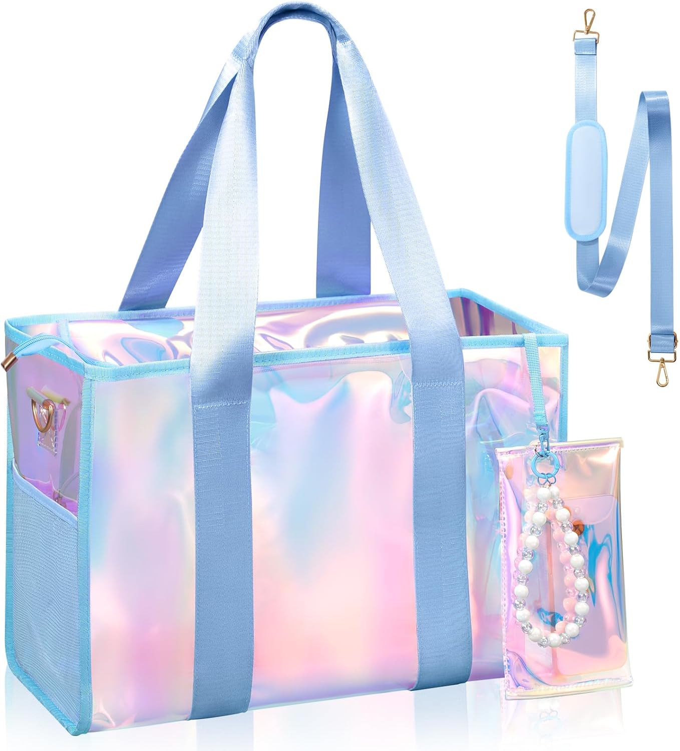 Beach Bag 26L Large Iridescent Waterproof Beach Tote Bag for Women with Zipper & Phone Pouch Sand/Tip-Proof Crossbody
