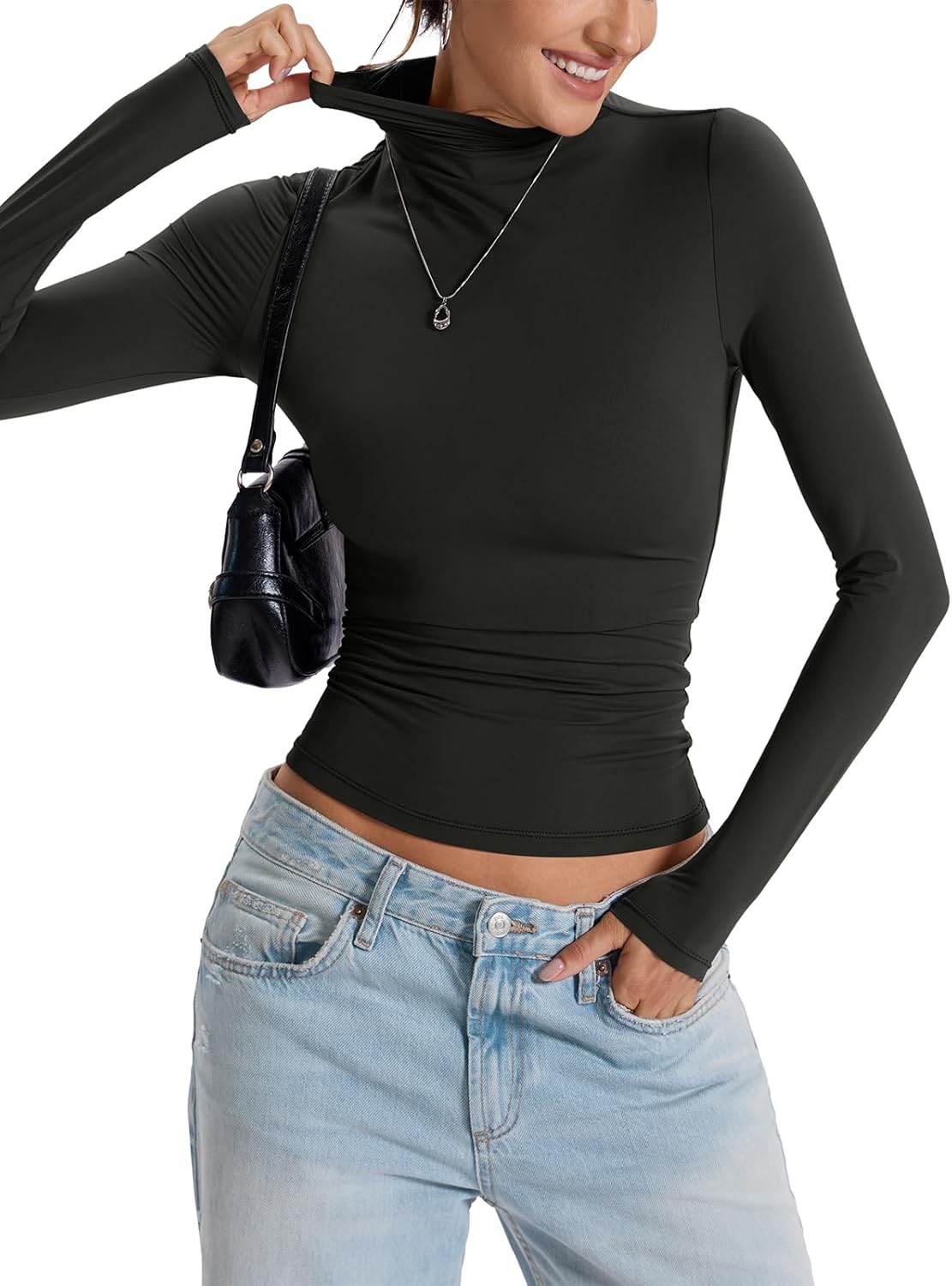 Womens Double Lined Turtleneck T Shirts Back Zipper Long Sleeve Shirts Fitted Basic Undershirts Fall Oufits - Image 2