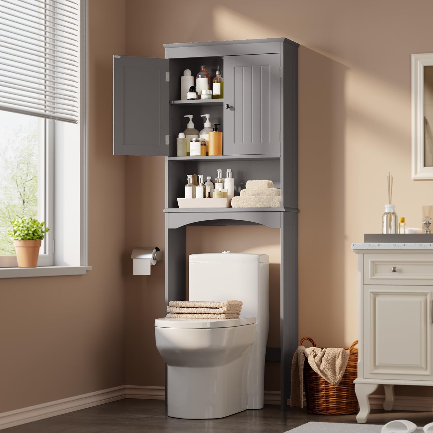 Gizoon Over The Toilet Storage Cabinet with Adjustable Shelf and Double Doors, Bathroom Space Saver Organizer Above Toilet with Open Shelf, Taller Wooden Free Standing Toilet Rack -Grey