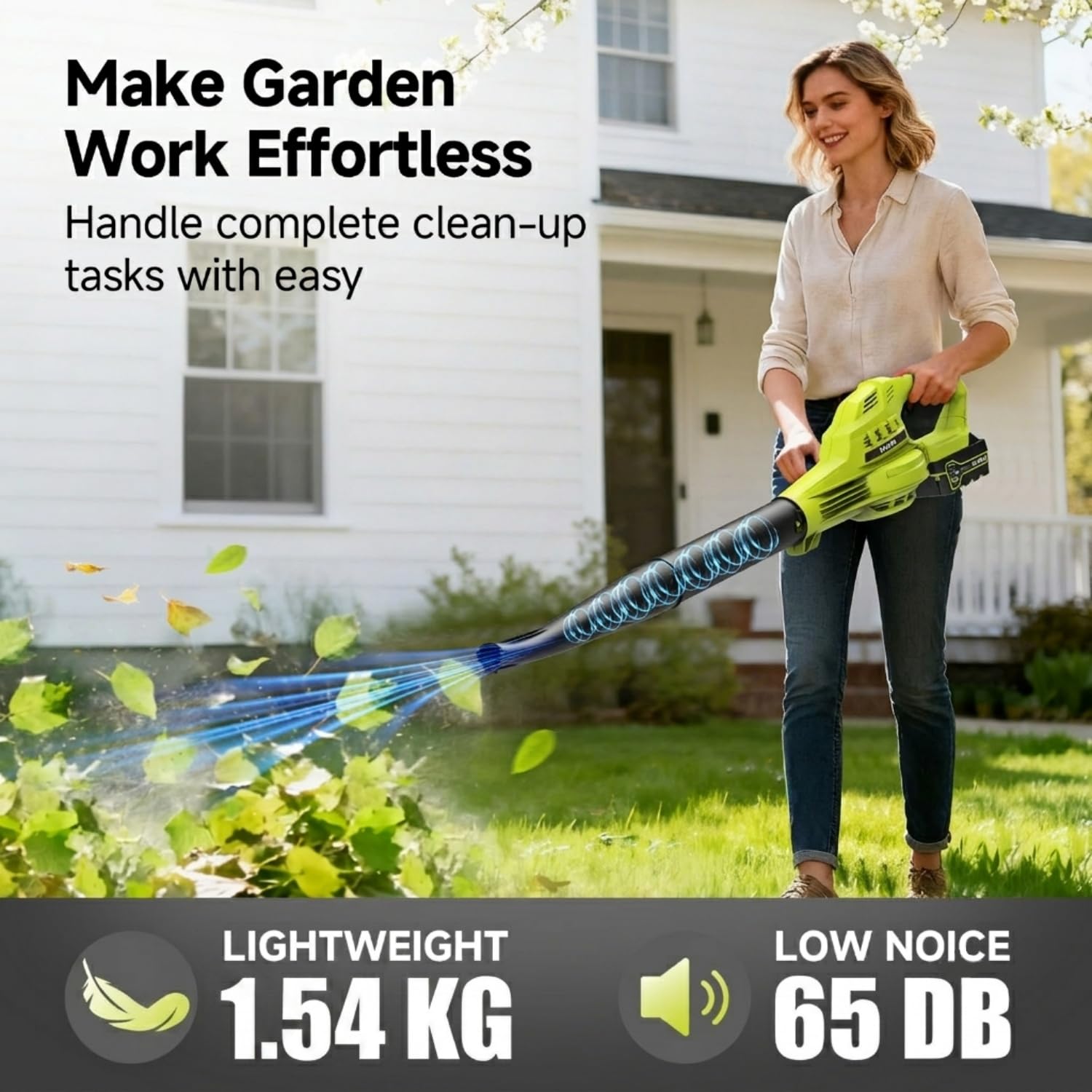 PULITUO Soffiatore per foglie senza fili, con 2 batterie da 4000 mAh, 20 V, 242 km/h, 3 velocità, 2 tubi, soffiatore compatto da giardino per foglie e detriti
