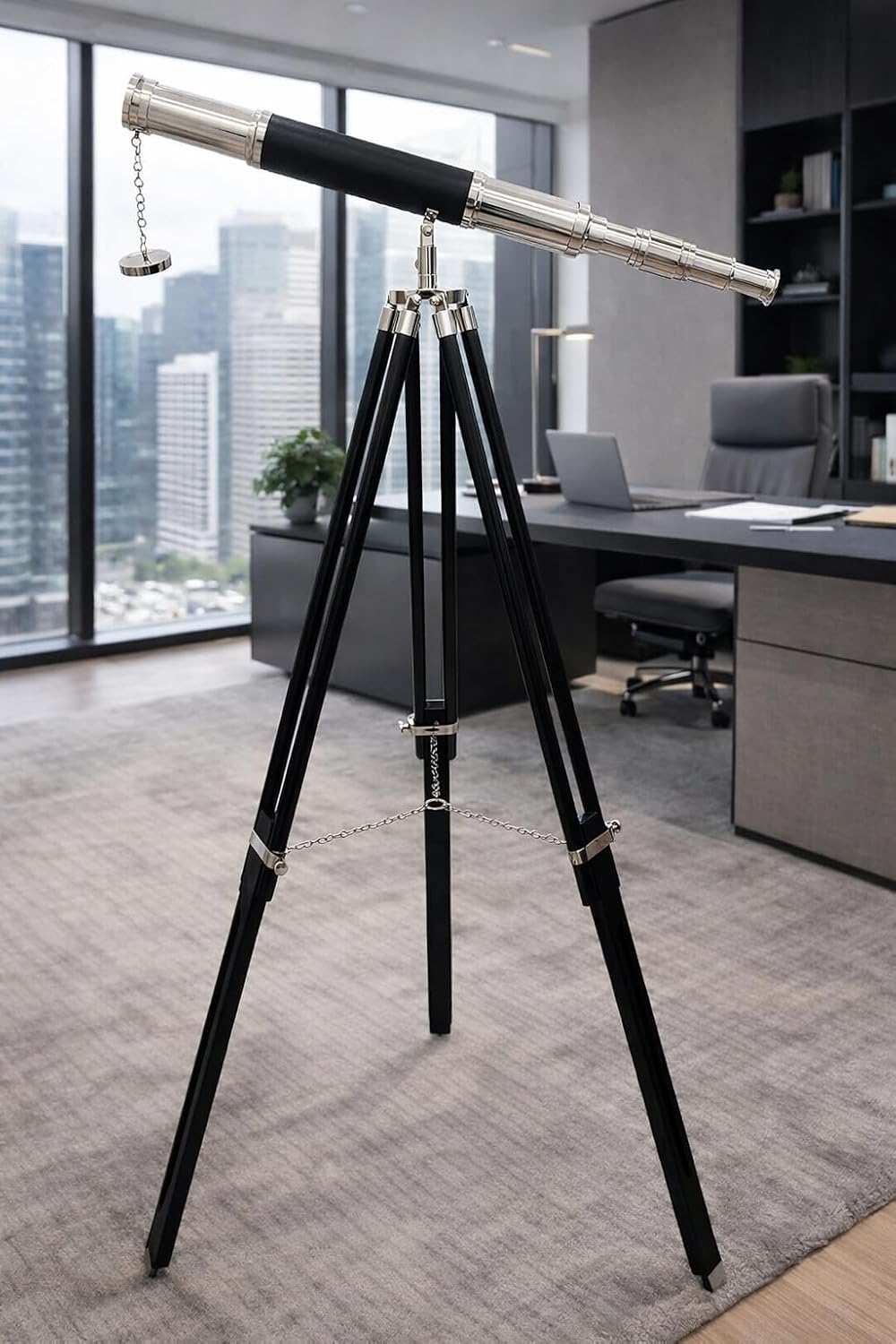 Nautical Vintage Handmade Chrome/Nickel Finish Telescope with Black Wooden Tripod Chrome Finish Black Leather Curved Home Decor