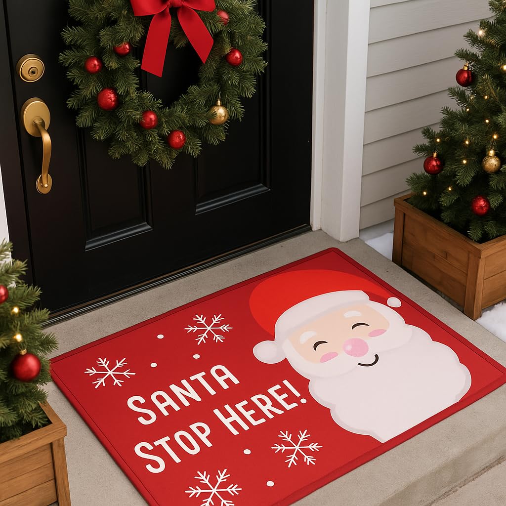 Rugstore shop ltd Festive Welcome Doormats Indoor Home Carpets Decor Cover, Tank & Rug Bathroom Decoration Set Christmas and Happy New Years (60 X 40 cm) (Santa Stop Here)