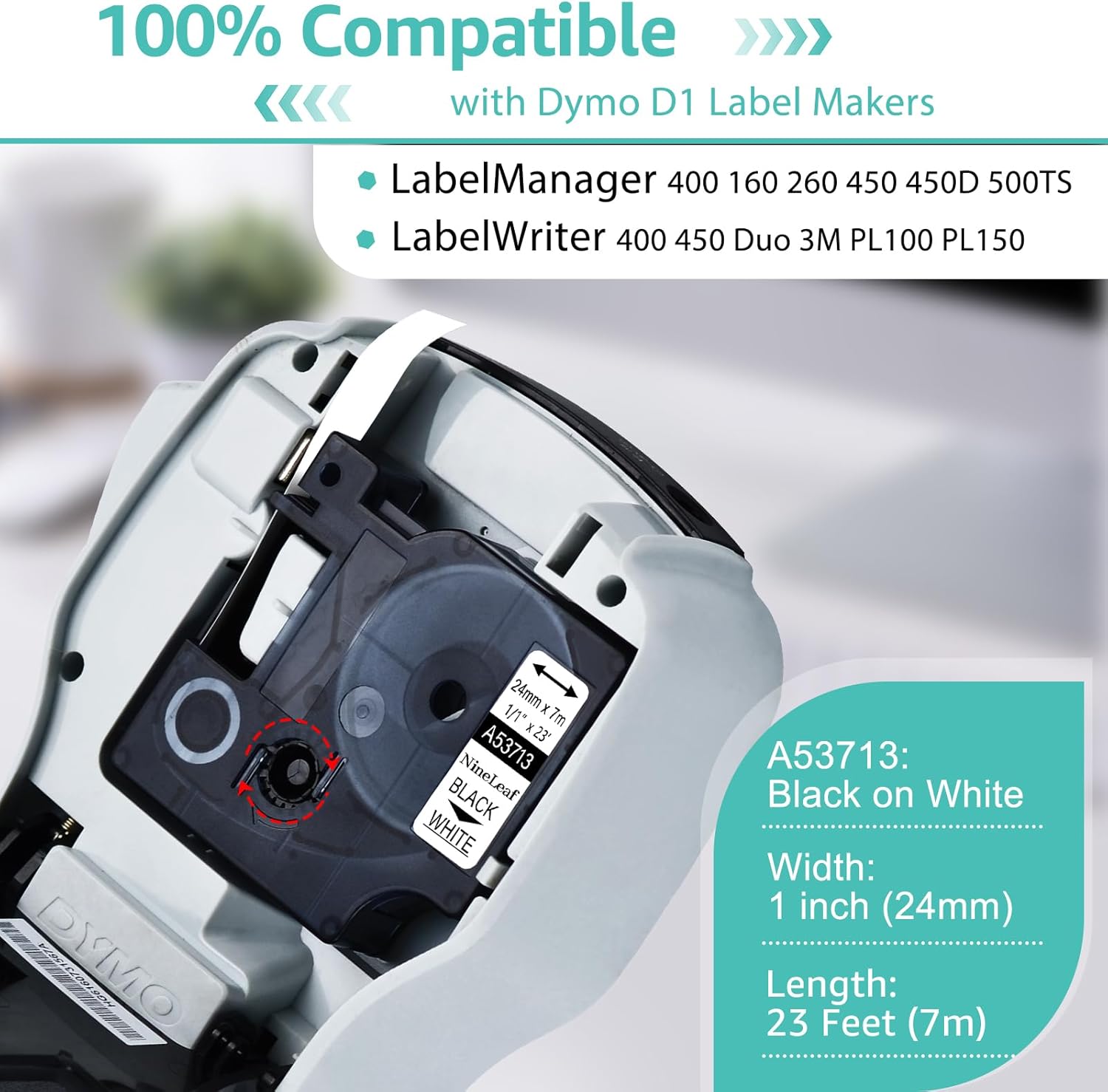 NineLeaf 10 Pack Compatible for Dymo D1 53713 Label Tape S0720930 D1 1 Inch Black on White Label Maker Refills for LabelManager 400 450 450D 500TS LabelWriter 400 450 Duo 3M