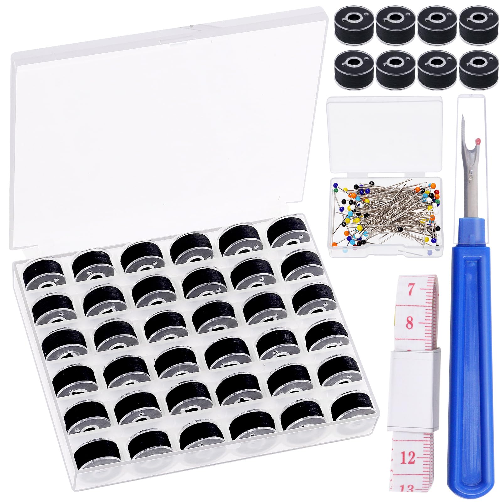 Swpeet 138Pcs Black Prewound Bobbin Thread with Clear Storage Plastic Case Box, Polyester Thread Pre-Wound Bobbins Set Sewing Thread Kit for Hand Embroidery Machine Sewing Craft Supplies