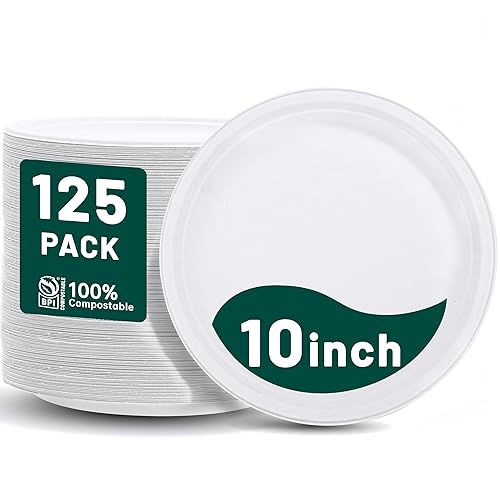 DaYammi 100% Compostable Paper Plates 10 Inch, 125-Pack Heavy Duty