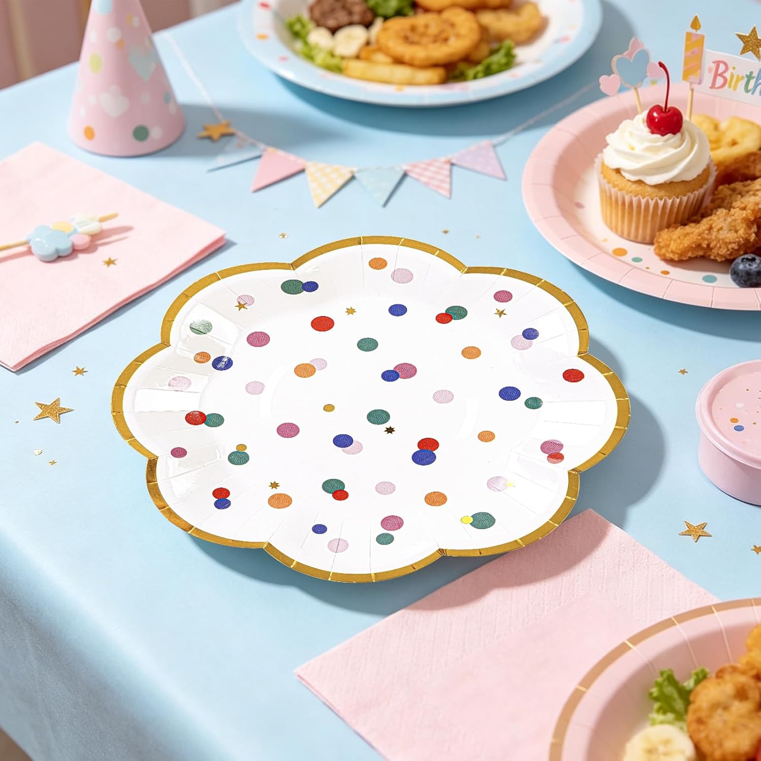 50pcs Colorful Dot Party Plates, 7inch Gold Foild Happy Birthday Paper Dessert Cake Plates Rainbow Polka Dots Disposable Pastel Boho Tableware Set for Baby Shower Wedding Party Supplies Decorations image 5