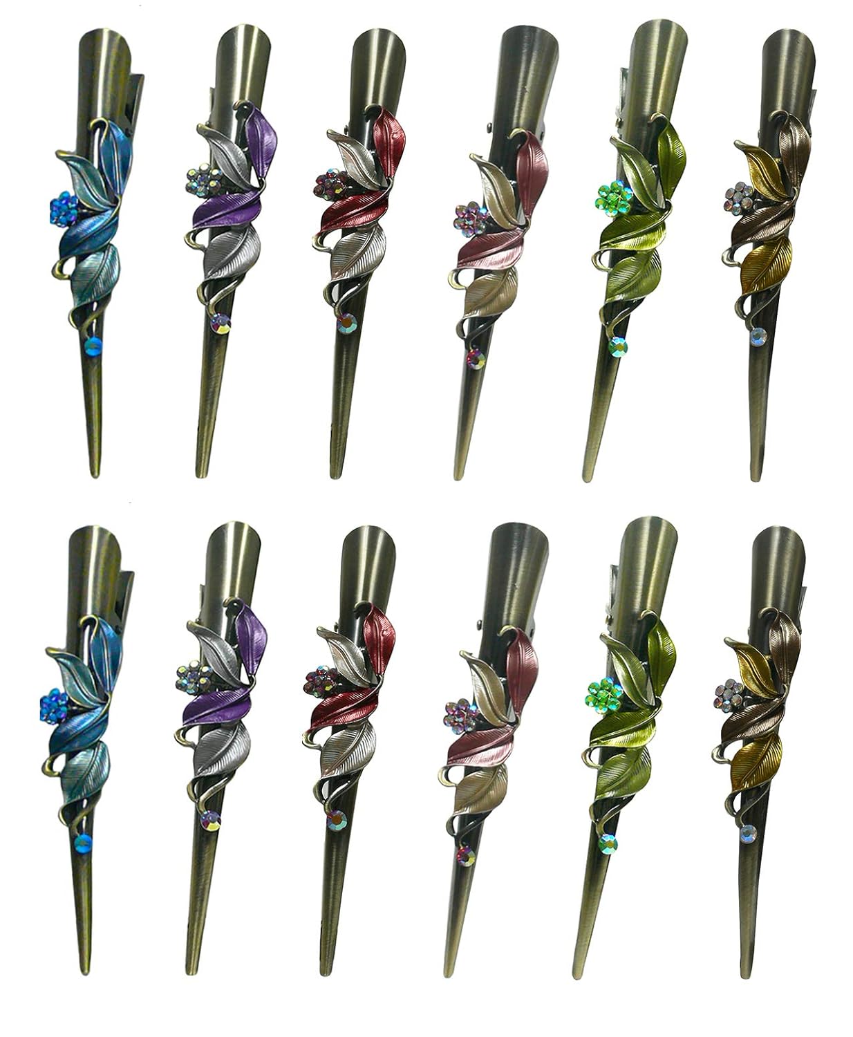 2 Sets of 6, 12 Count, JCGY Flower Metal Alligator Beakclips Duckbill Long Narrow Hair Clips For All Hair Type