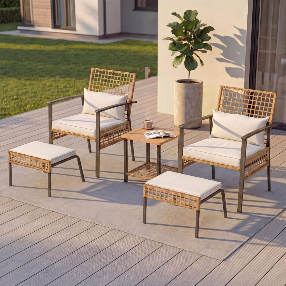 5 Pieces Patio Furniture Set with Ottomans Wicker Outdoor Conversation Sets with Cushions and Coffee Table for Backyard Poolside Porch Balcony
