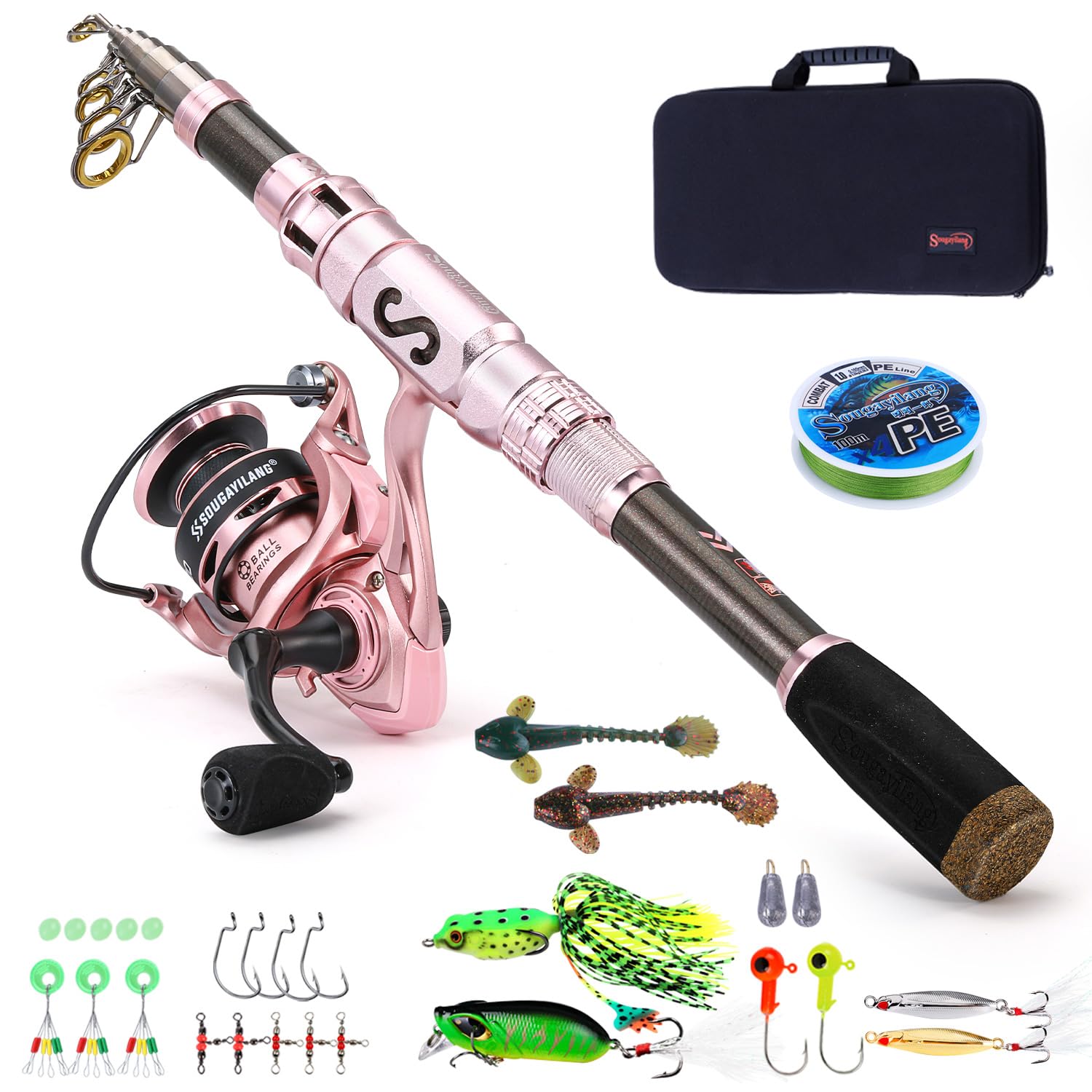 Sougayilang Fishing Rod and Reel Combo,High Carbon Fiber Telescopic Rod, Lightweight Spinning Reel With Portable Fishing Lures Line Carrier Bag Kits for Travel Suitable Women Gift-F18