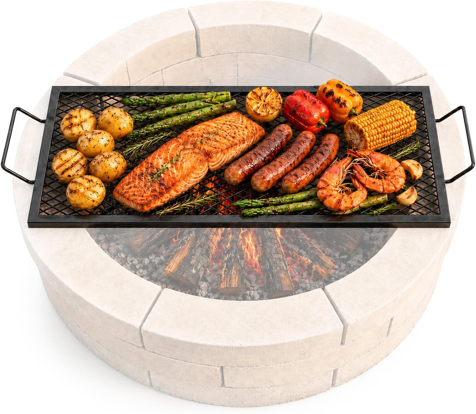 VEVOR X-Marks Fire Pit Grill Grate, Rectangle Cooking Grate, Heavy Duty Steel Campfire BBQ Grill Grid with Handle & Support X Wire, Portable Camping Cookware for Outside Party Gathering, 32 Inch Black