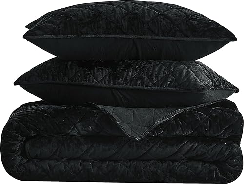 Miniatura 9 de Chezmoi Collection Lux - Juego de edredón de terciopelo negro extra grande, ropa de cama de terciopelo envejecido de 3 piezas para todas las
