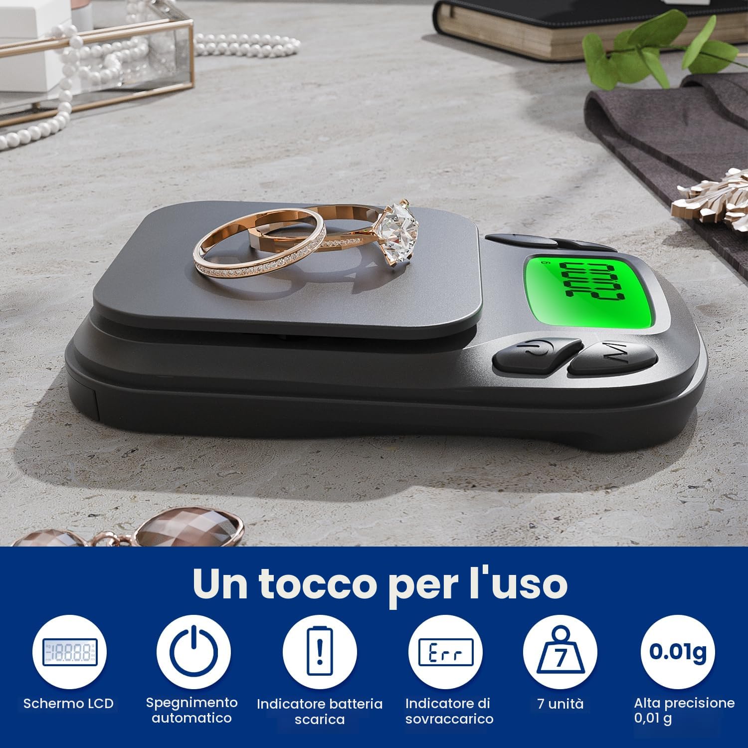 1000 g/0,01 g bilancia di precisione per monete e oro, bilancia digitale multifunzione mini con calibrazione e funzione di tara, 7 unità di misura, bilancia per grammi, bilancia per oro