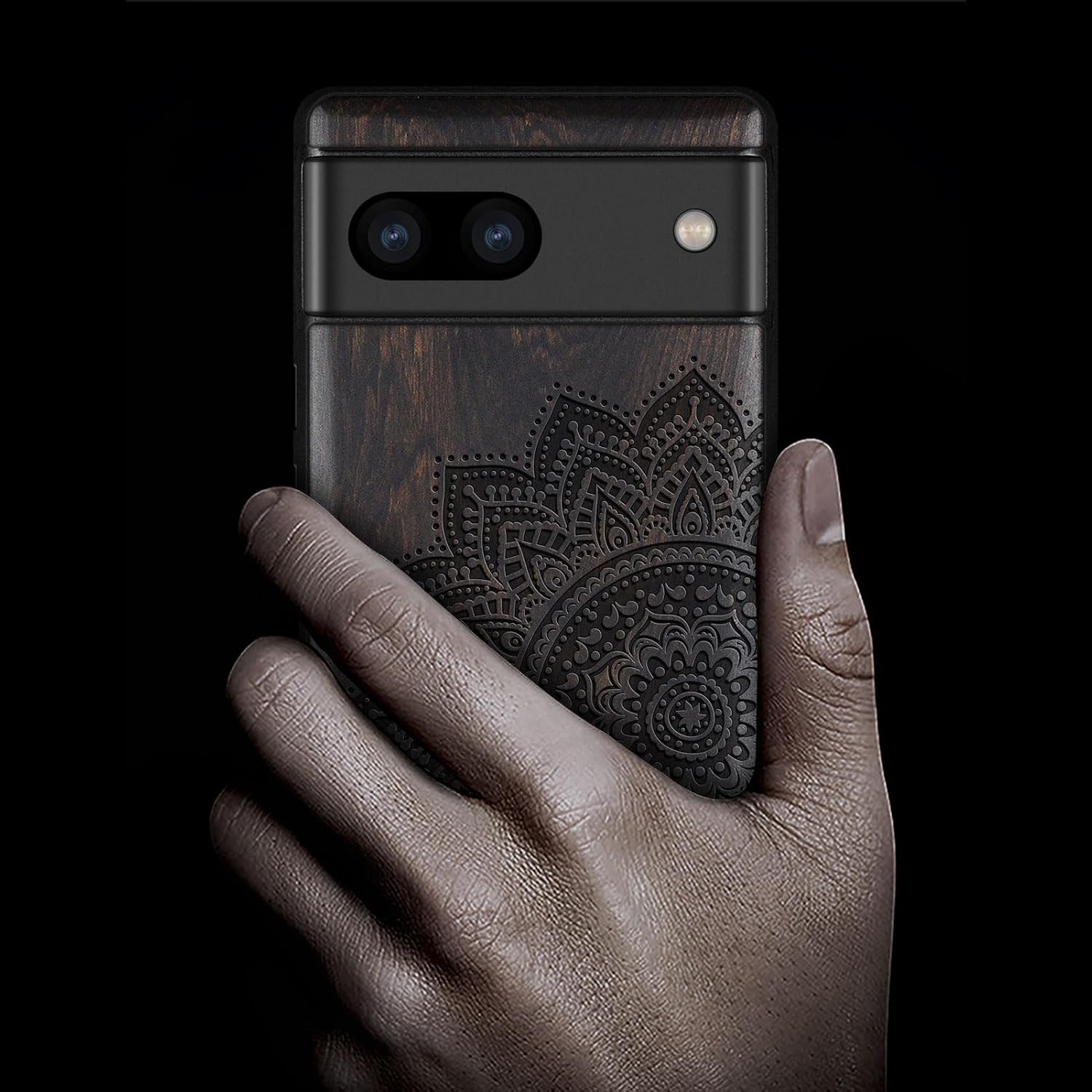 Carveit Wood Case for Pixel 7a Case [Natural Wood & Black Soft TPU] Shockproof Protective Unique & Classy Wooden Phone Cover Compatible with Google Pixel 7a (Mandala Art-Blackwood)