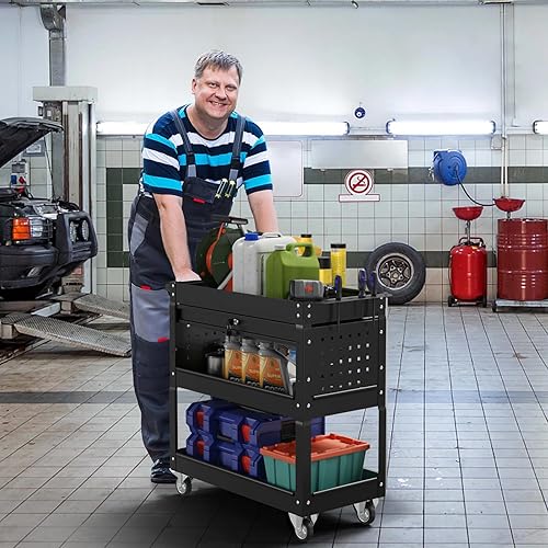 Miniatura 8 de Carrito de herramientas rodante de 3 niveles, carrito utilitario de capacidad de 330 libras, carrito de herramientas de servicio de metal con cajón