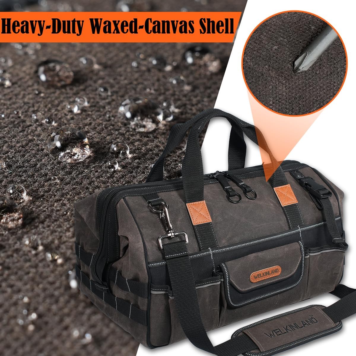 WELKINLAND 28-Pockets Waxed Canvas Tool Bag, Heavy-Duty Electrical Tool Bag, Large-Opening 18 Inch Tools Bag, 36L Tool Bags For Men, Quick-Access HVAC Tools Bags