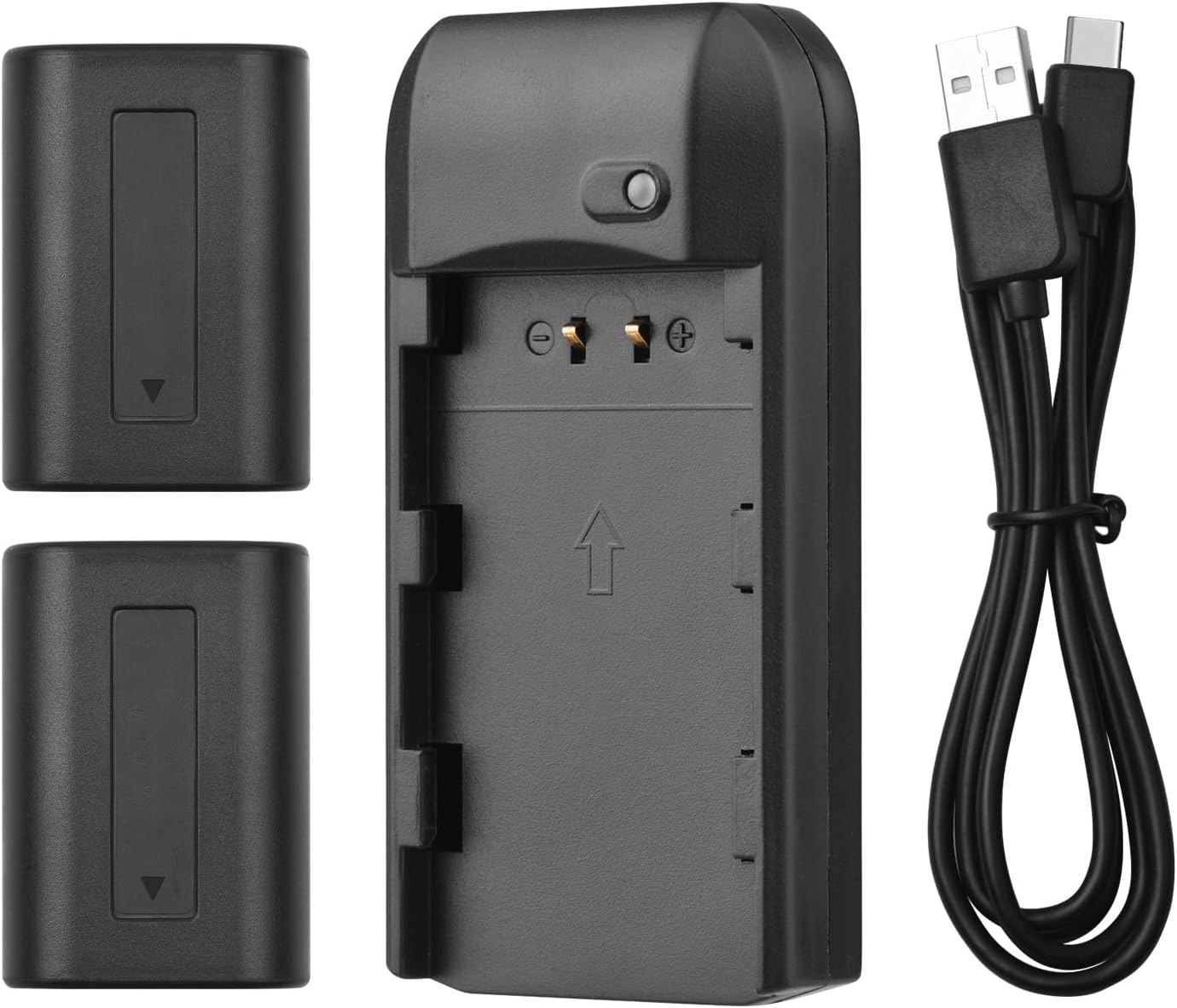 Andoer NP-FV5 battery charger, two NP-FV5 batteries, and a USB charging cable laid out