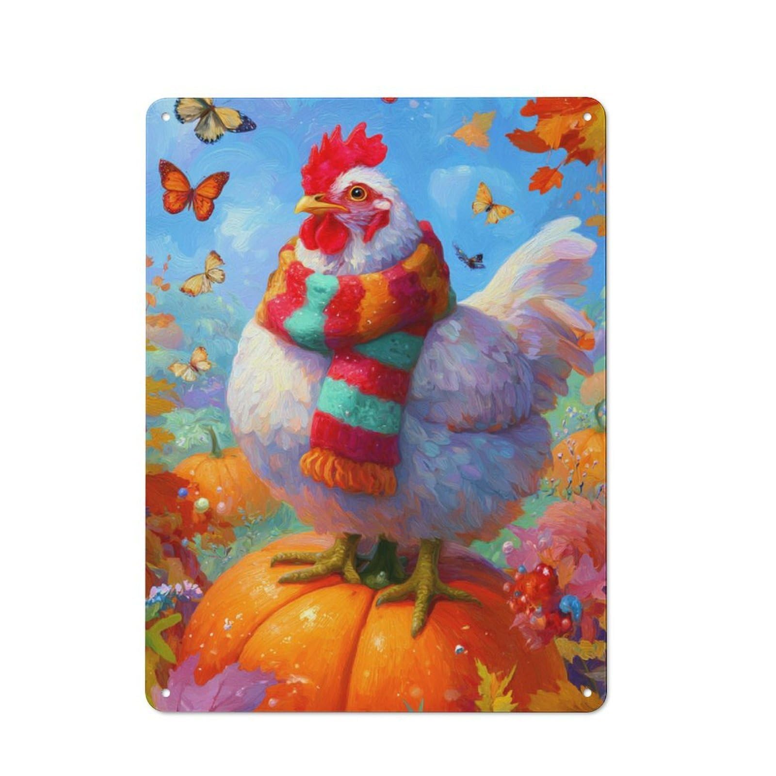 Junmoney Chic Chicken In Scarf Tin Wall Plaque 40X30cm With For Bar Or Restaurant, Autumn Wall Decor For Hospitality Decor Collectors