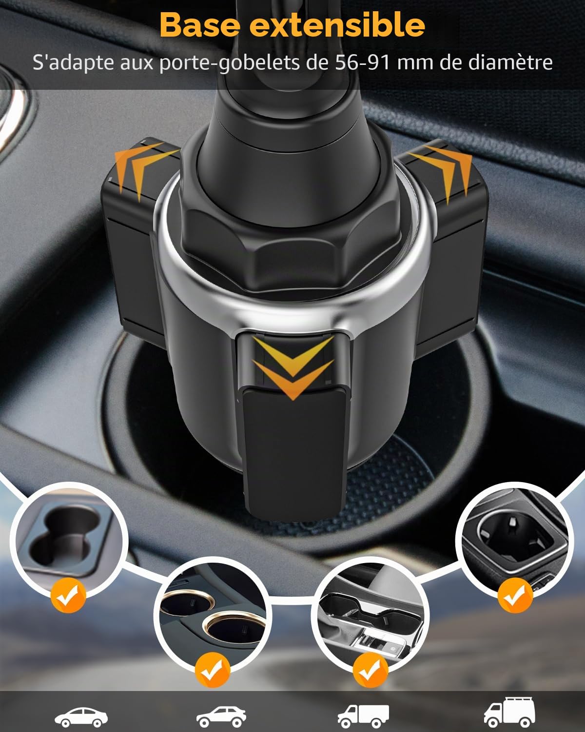 Support Tablette Voiture Gobelet, woleyi Universel Porte Gobelet Tablette avec Bras Télescopique, Support Téléphone Voiture Tasse, Pour iPad Pro 12.9 10.5 9.7 Air Mini 5 4 3 2, iPhone Series 4-13"