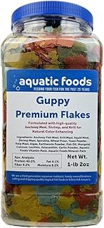 Aquatic Foods Inc. Guppy & Endler Guppy Premium 5-Type Flake Mix for Guppies, Endlers, Tetras, All Tropicals. Aquatic Foods Premium Guppy Flakes…1-lb 2oz Lg Jar