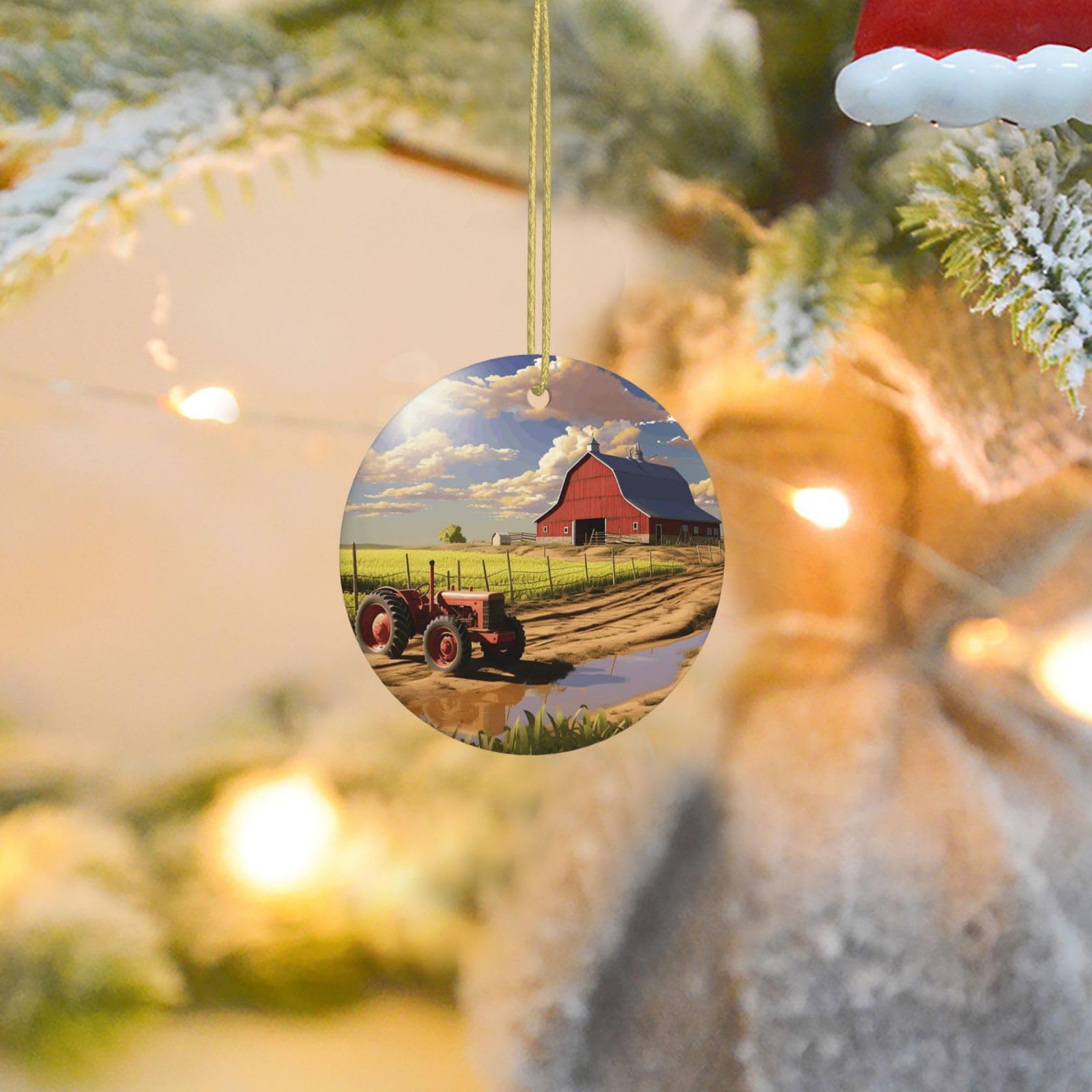 Christmas Tree Ornaments Ceramics Christmas Round Decorations Farm Morning Barn Ceramics Ornaments Circle Pentagram Xmas Tree Hanging Pendant for Christmas Tree Party Holiday Home Decor