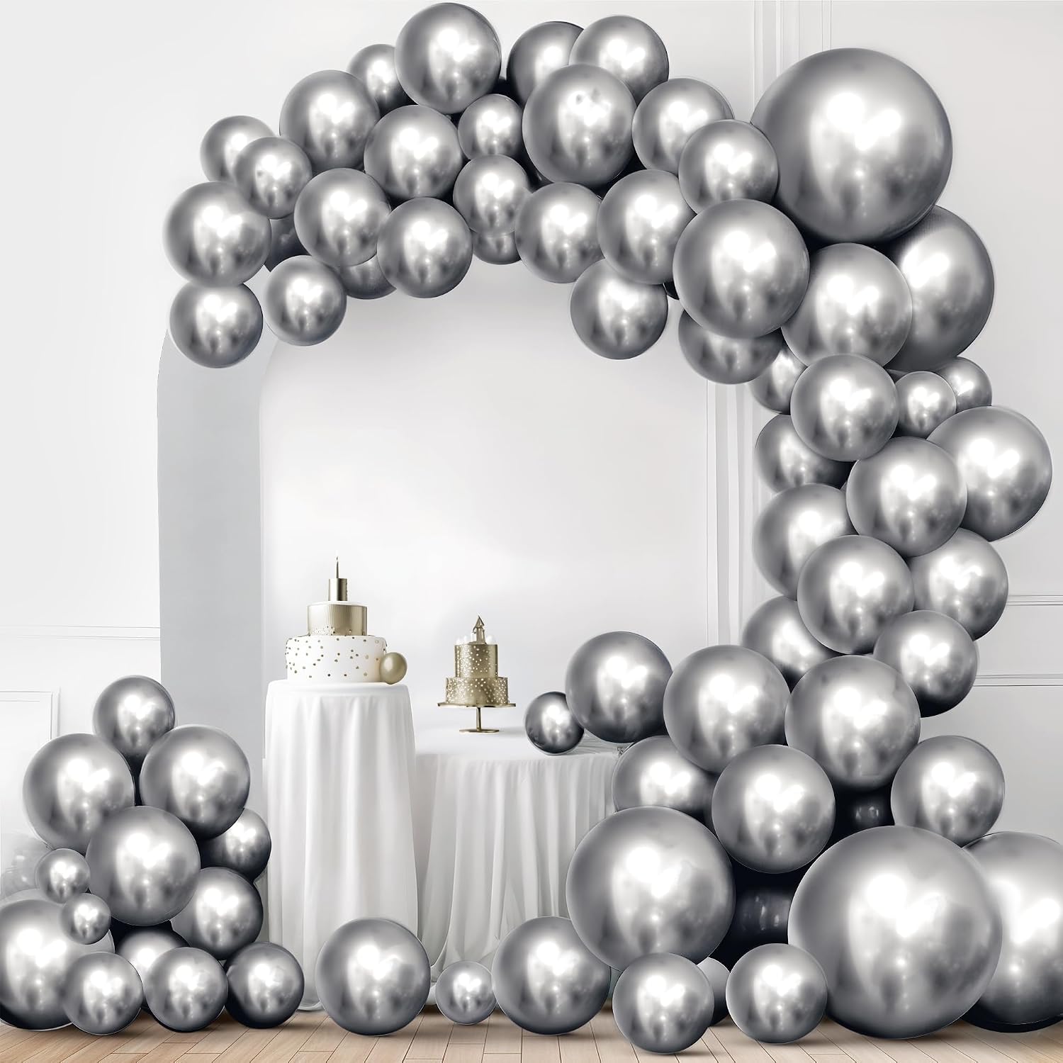 KatchOn, Metallic Silver Balloons Kit - Pack of 100 | Graduation Balloon Arch Kit for Graduation Decorations 2025 | Silver Latex Balloons for Silver party Decorations | Silver Birthday Decorations