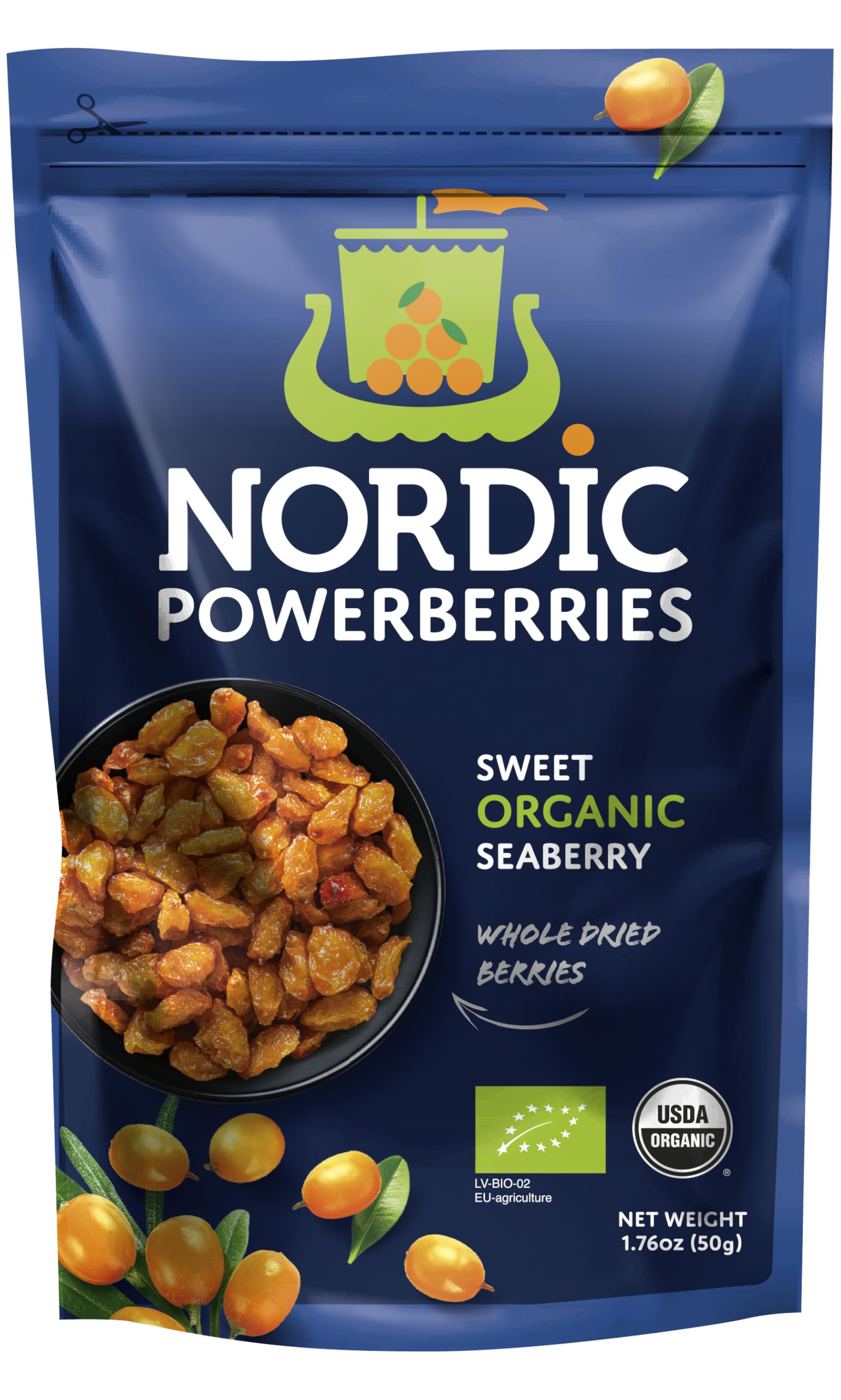 Nordic Dried Seaberry Organic | 100% Natural & Organic Sea Buckthorn Berries | Ricco in antiossidanti & Omega Fatty Acids, 50 g