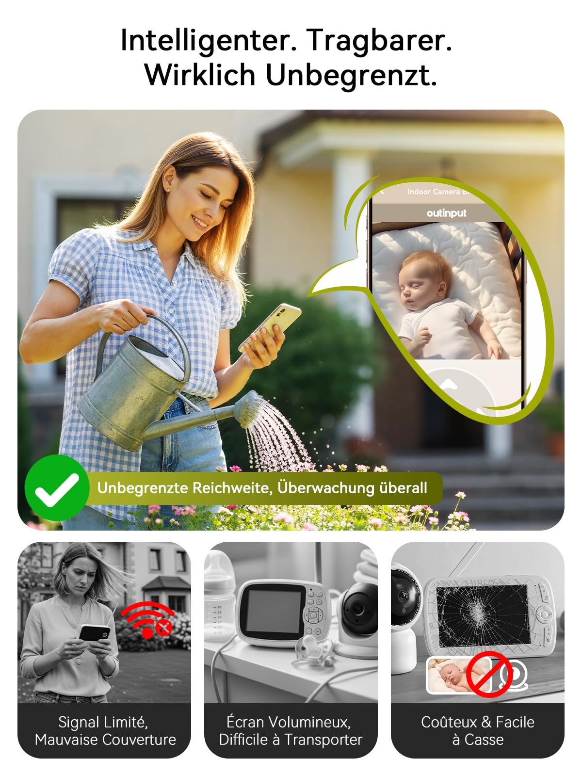 Outinput 2K/4MP WLAN Babyphone mit Kamera App, 360° Baby Monitor with Camera, Fütterungserinnerung, Schlaflieder, Farb-Nachtsicht,2-Wege-Audio, Nachtsicht, Bewegungs/Weinen/Temp/Feuchtigkeitserkennung